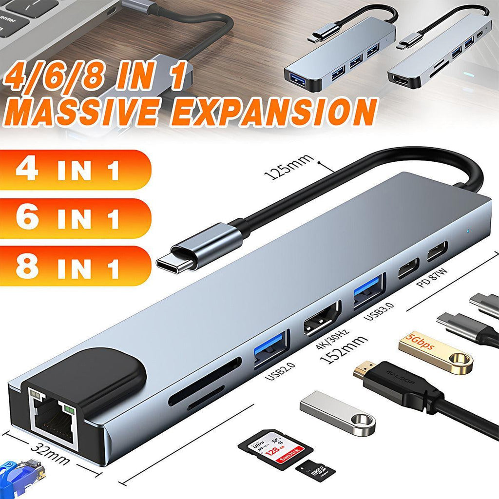 Space grey multi-port USB-C hub adapter for laptops featuring HDMI, USB, and memory card slots.