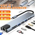 Space grey multi-port USB-C hub adapter for laptops featuring HDMI, USB, and memory card slots.