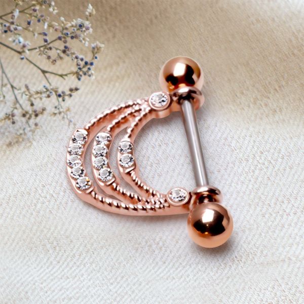 Rose gold plated triple layer rope nipple shield with clear cubic zirconia gems and barbell — view 2