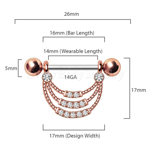 Rose gold plated triple layer rope nipple shield with clear cubic zirconia gems and barbell — view 3