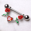 316L stainless steel red rose nipple shield with vibrant enamel floral details and cubic zirconia.