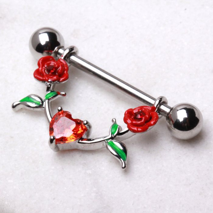 316L stainless steel red rose nipple shield with vibrant enamel floral details and cubic zirconia.