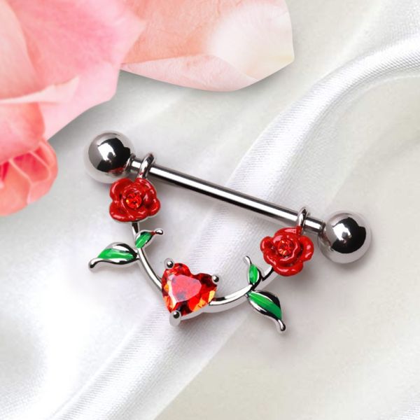 316L stainless steel red rose nipple shield with vibrant enamel floral details and cubic zirconia. — view 2