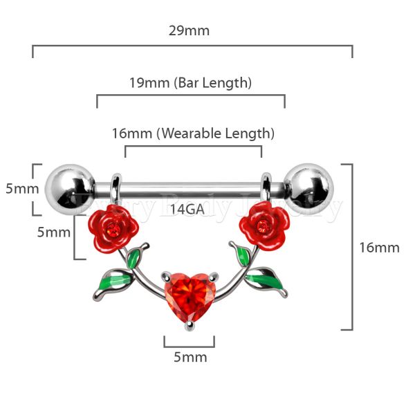 316L stainless steel red rose nipple shield with vibrant enamel floral details and cubic zirconia. — view 3