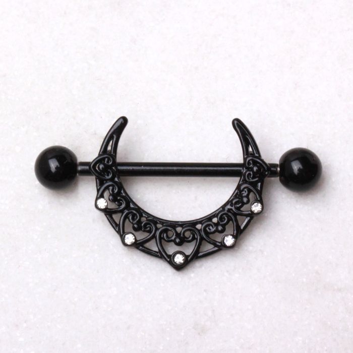 Black PVD plated crescent moon nipple shield with clear cubic zirconia and stainless steel barbell