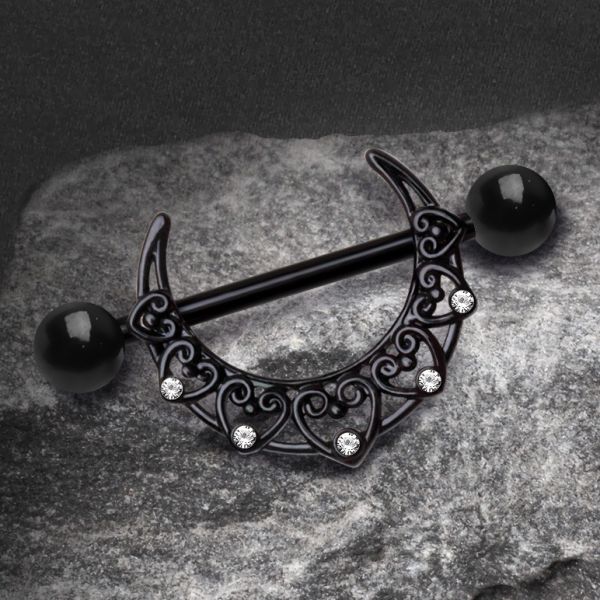 Black PVD plated crescent moon nipple shield with clear cubic zirconia and stainless steel barbell — view 2