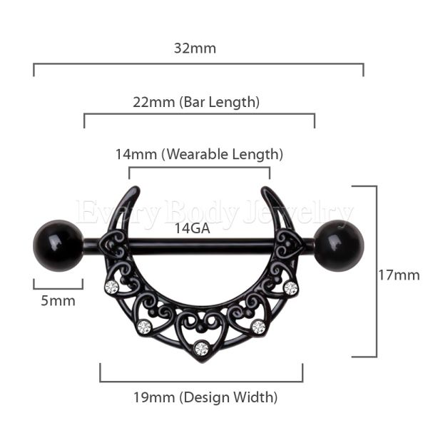 Black PVD plated crescent moon nipple shield with clear cubic zirconia and stainless steel barbell — view 3