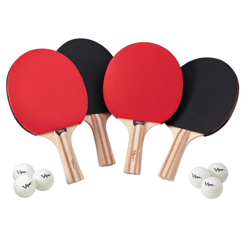 Viper Two Star table tennis set with four solid wood paddles and six white balls