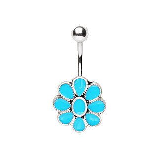 316L Stainless Steel Teal Blue Flower Navel Ring-0