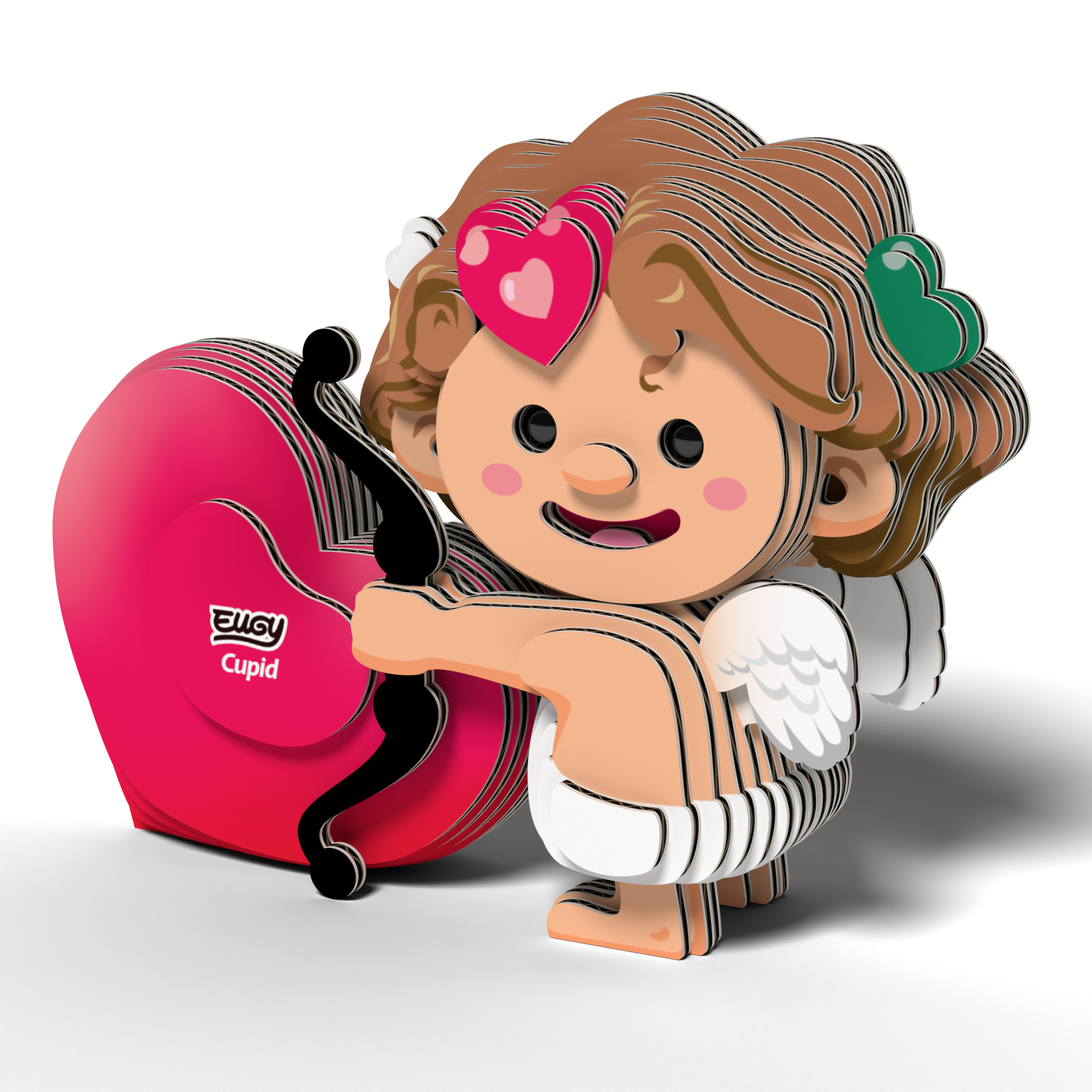 Assembled cardboard Cupid 3D puzzle with a smiling face bow and red heart — view 4