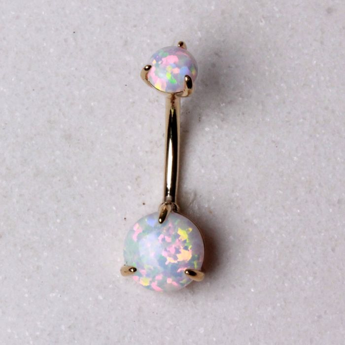 14Kt Yellow Gold Navel Ring with Prong Set White Synthetic Opal-0