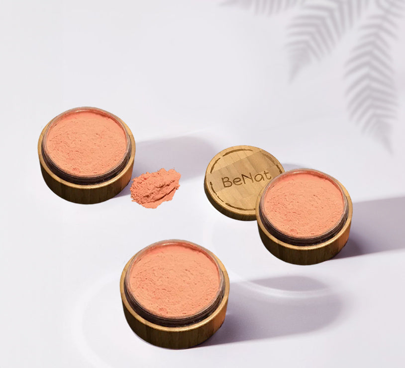Natural blush loose powder in reusable bamboo container with plastic sifter and soft application puff. — view 2