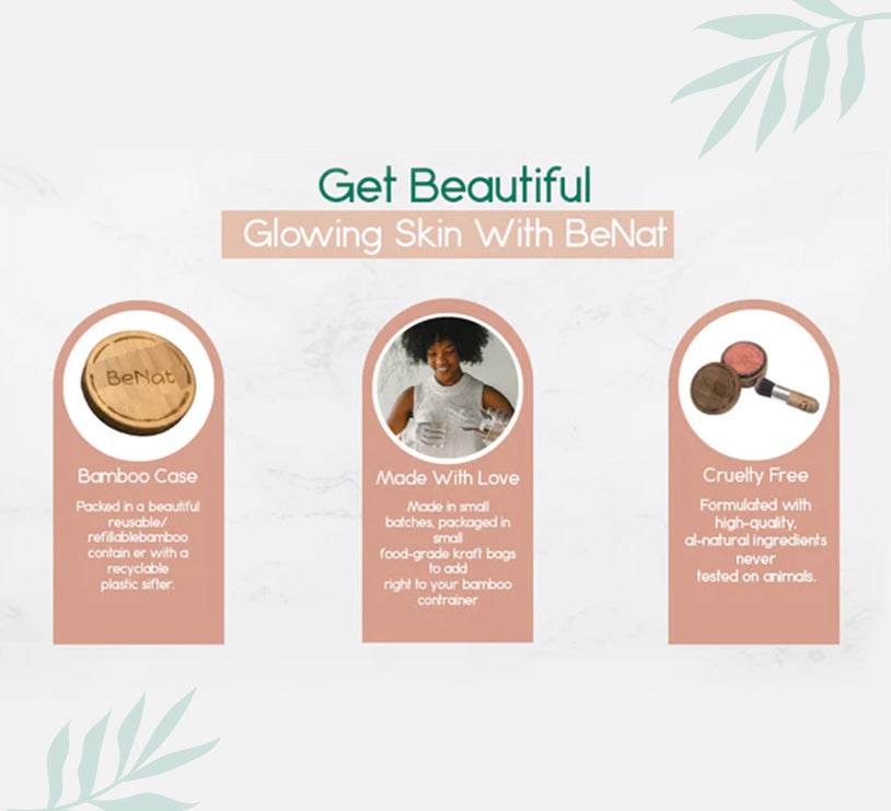 Natural blush loose powder in reusable bamboo container with plastic sifter and soft application puff. — view 4