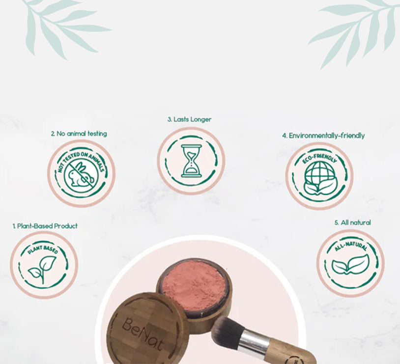 Natural blush loose powder in reusable bamboo container with plastic sifter and soft application puff. — view 5