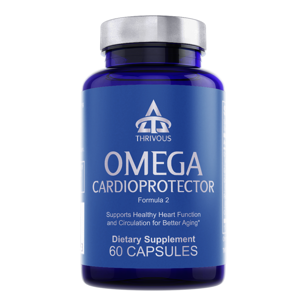 Omega Cardioprotector dietary supplement bottle with sixty capsules for advanced heart and circulation health