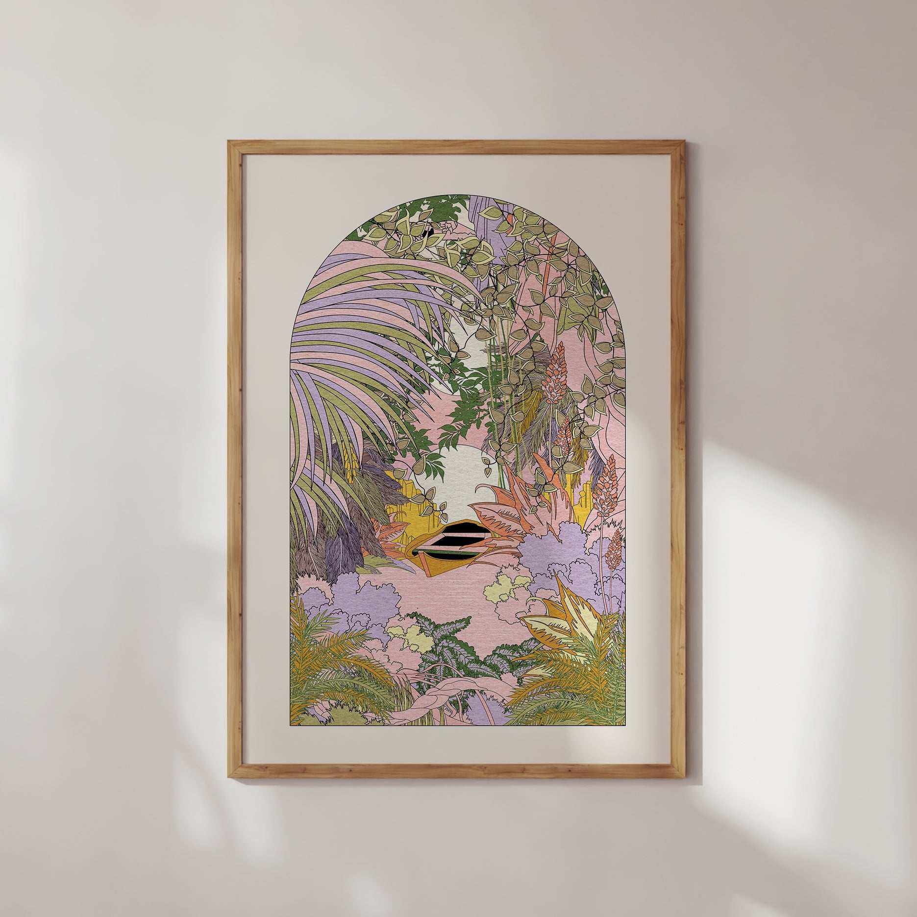 On The River botanical art print showing pastel river scene with rowing boat and overgrown foliage — view 2