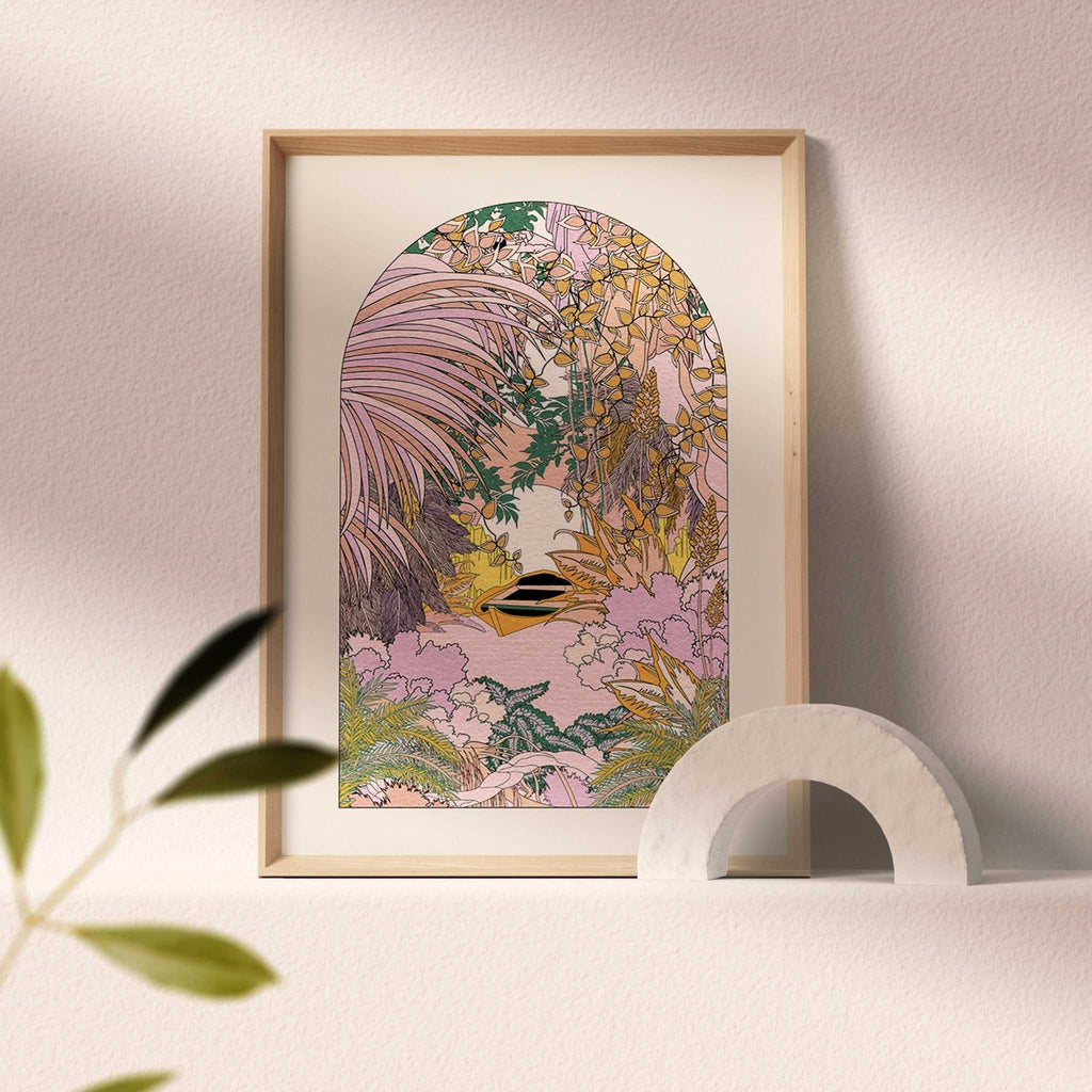 On The River botanical art print showing pastel river scene with rowing boat and overgrown foliage