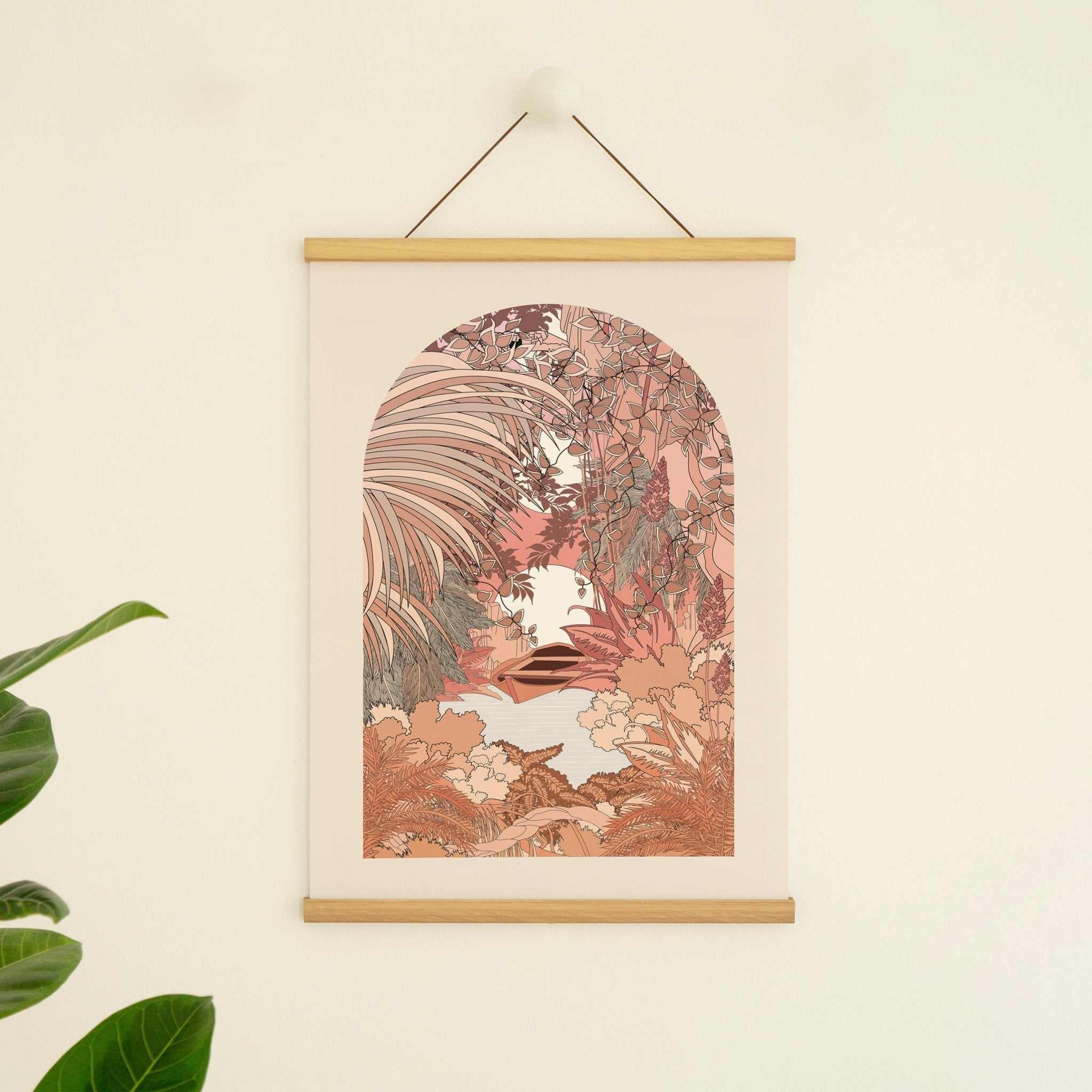 On The River botanical art print showing pastel river scene with rowing boat and overgrown foliage — view 4