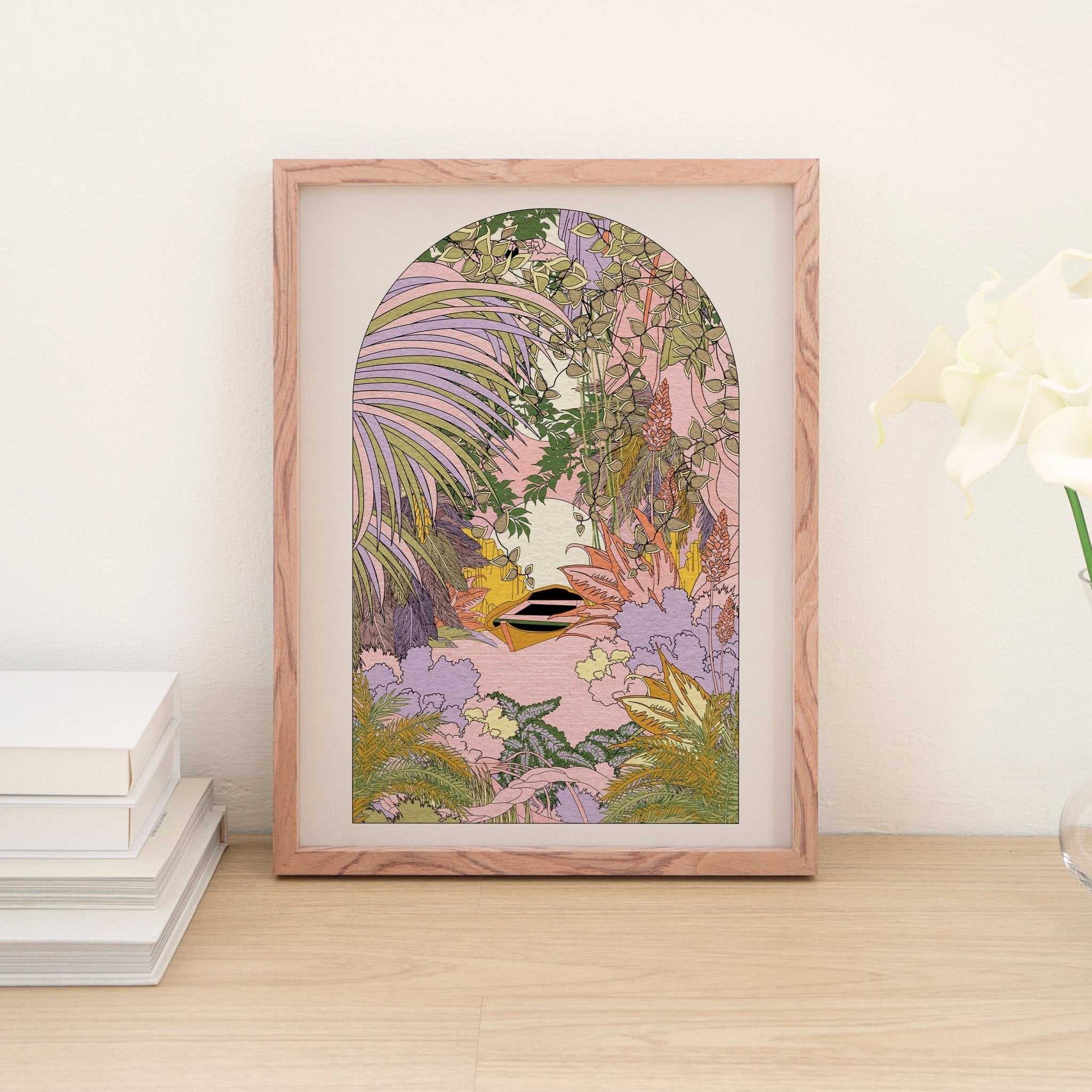 On The River botanical art print showing pastel river scene with rowing boat and overgrown foliage — view 3