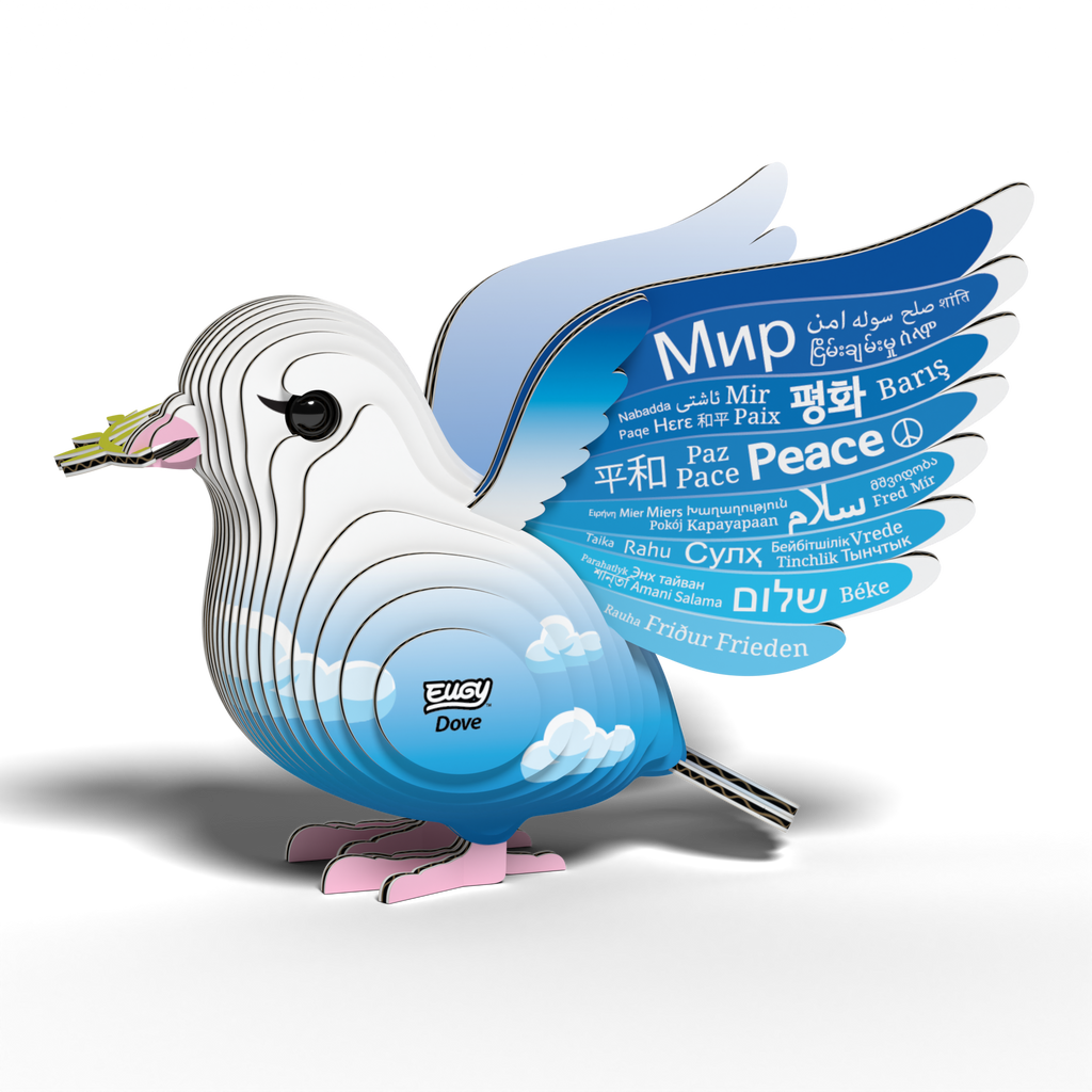 EUGY dove 3D puzzle made of eco-friendly cardboard featuring peace written on spread wings — view 5