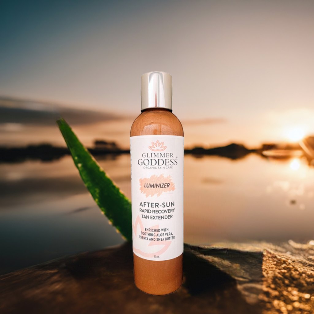 Organic after sun lotion bottle with shimmering tan extender formula and natural botanical ingredients — view 3