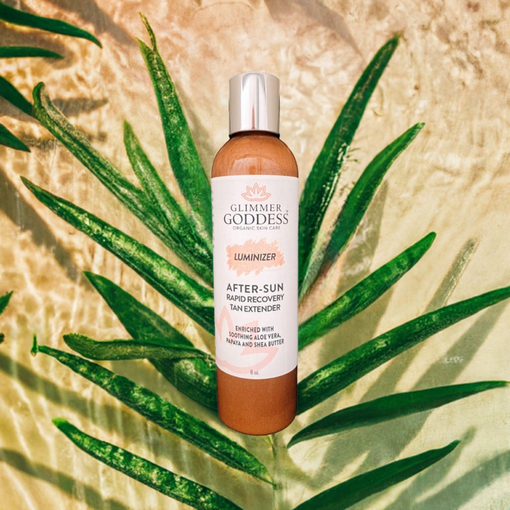 Organic after sun lotion bottle with shimmering tan extender formula and natural botanical ingredients — view 2