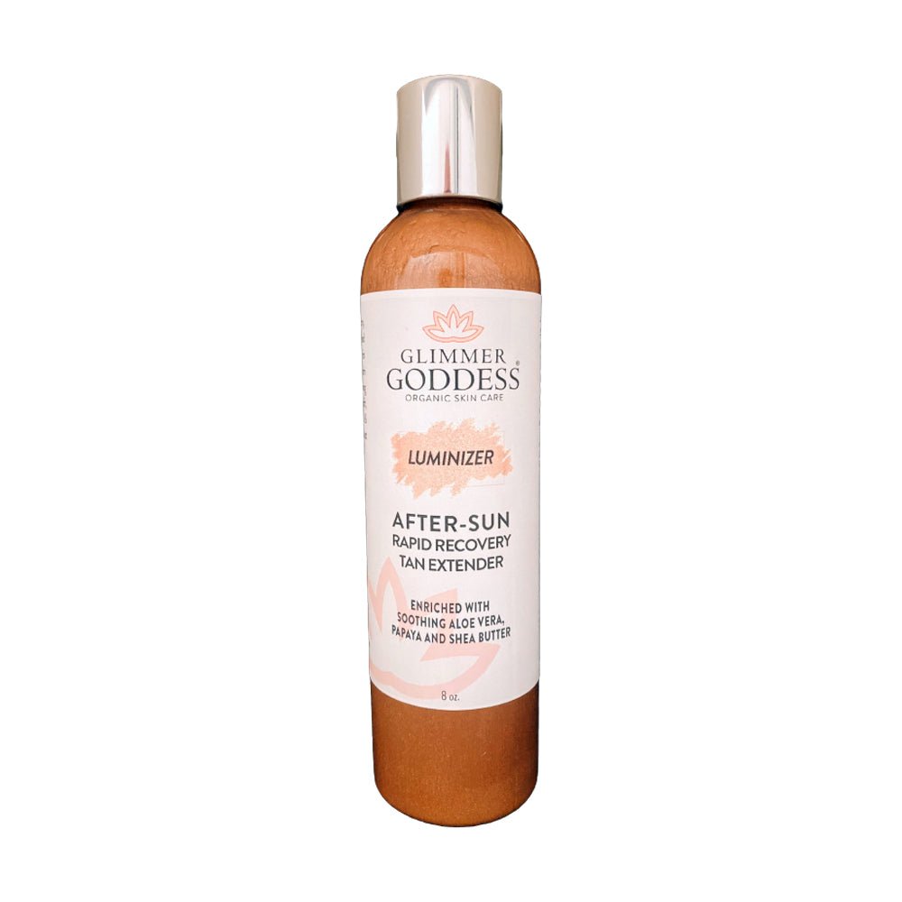 Organic after sun lotion bottle with shimmering tan extender formula and natural botanical ingredients