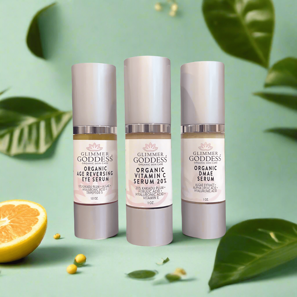 Three full-size organic anti-aging face and eye serums in dropper bottles for daily skincare — view 5
