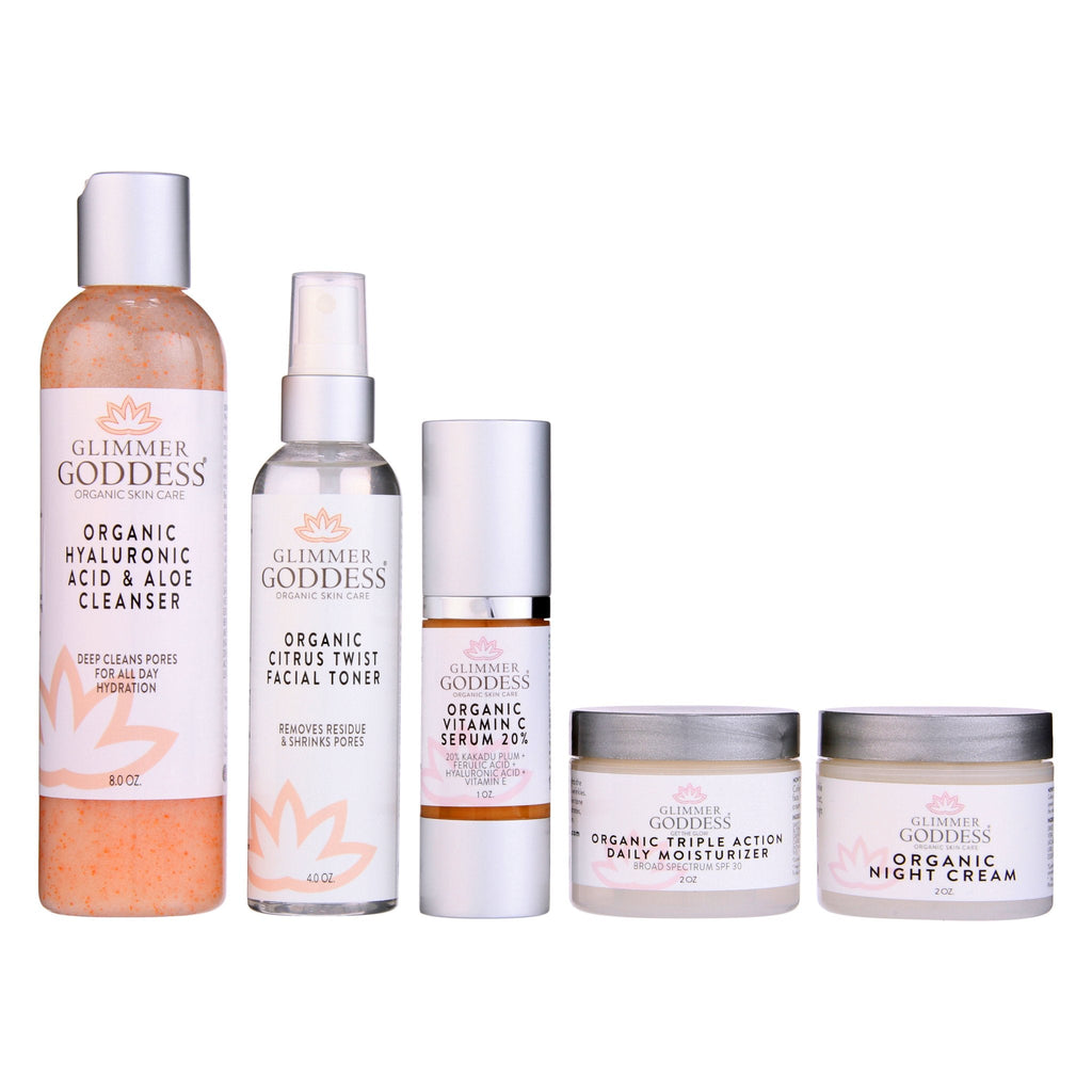 Complete organic anti-wrinkle 5-step skincare kit featuring cleanser, toner, vitamin C serum, and SPF moisturizer.