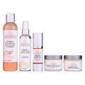 Complete organic anti-wrinkle 5-step skincare kit featuring cleanser, toner, vitamin C serum, and SPF moisturizer.