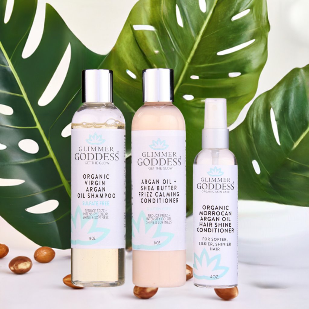 Three piece organic argan oil hair care set with shampoo conditioner and shine spray bottles — view 3