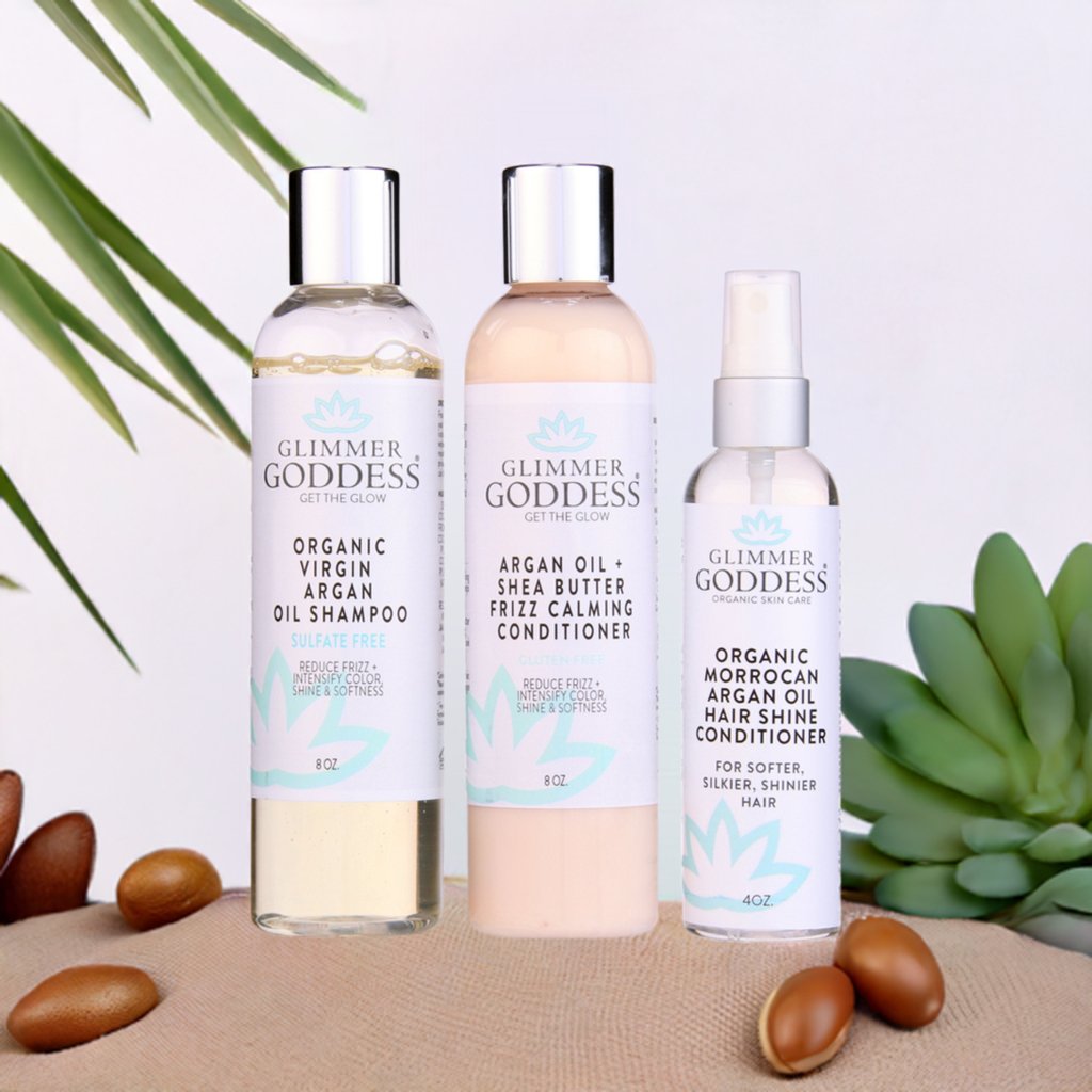 Three piece organic argan oil hair care set with shampoo conditioner and shine spray bottles — view 4