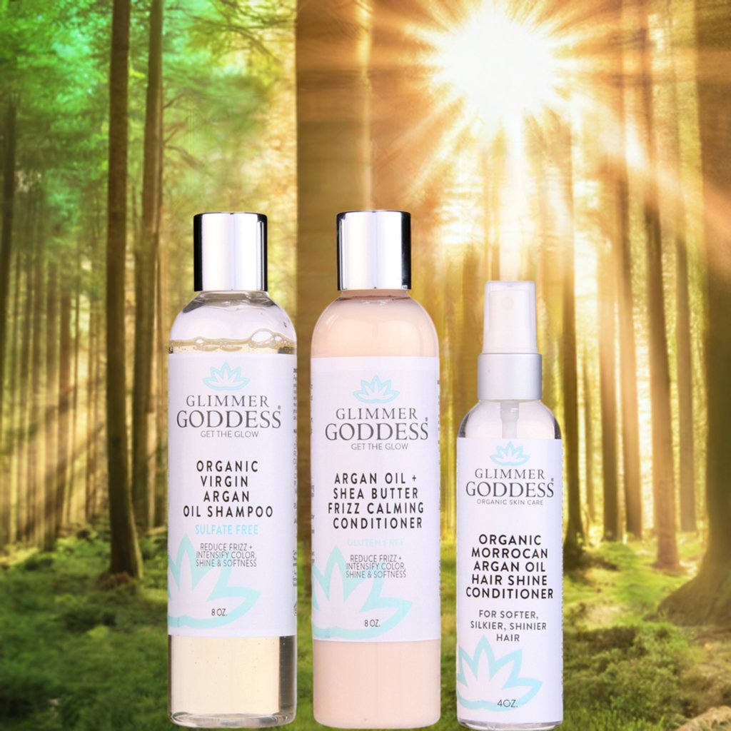 Three piece organic argan oil hair care set with shampoo conditioner and shine spray bottles — view 2