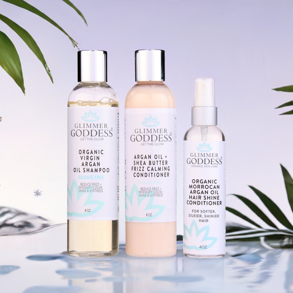 Three piece organic argan oil hair care set with shampoo conditioner and shine spray bottles — view 5