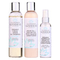 Three piece organic argan oil hair care set with shampoo conditioner and shine spray bottles