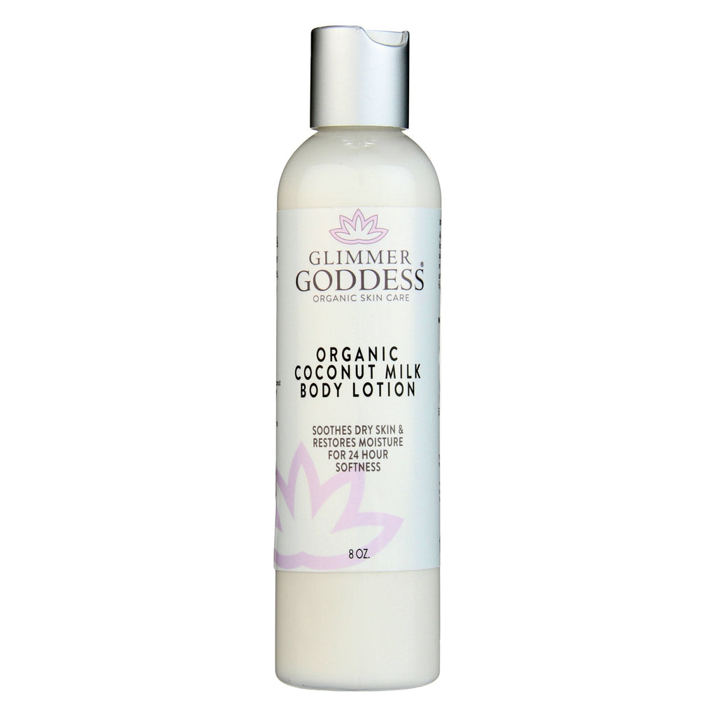 Pump bottle of organic coconut milk body lotion for dry skin hydration