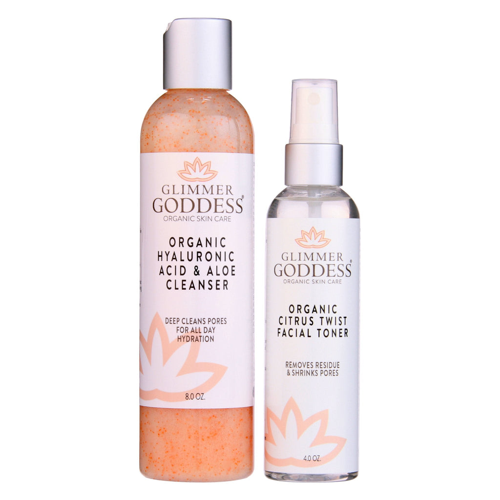 Fresh Start skincare duo organic hydrating cleanser and rose water toner bottles with citrus botanicals