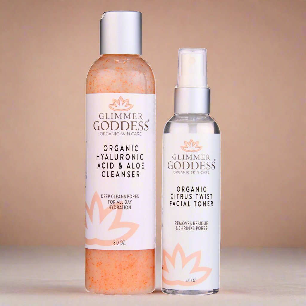 Fresh Start skincare duo organic hydrating cleanser and rose water toner bottles with citrus botanicals — view 5