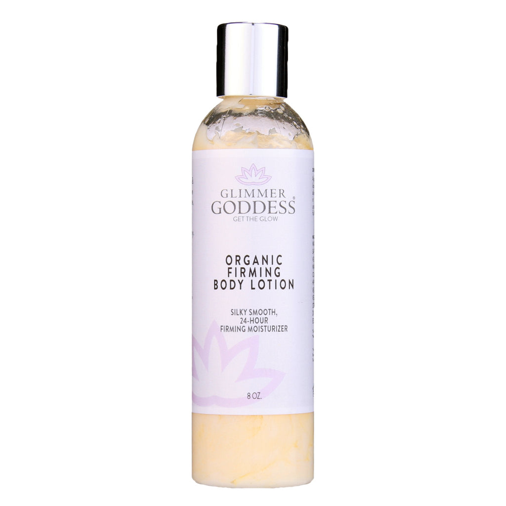 Organic firming body lotion bottle with anti-aging skincare formula for tightening crepey skin
