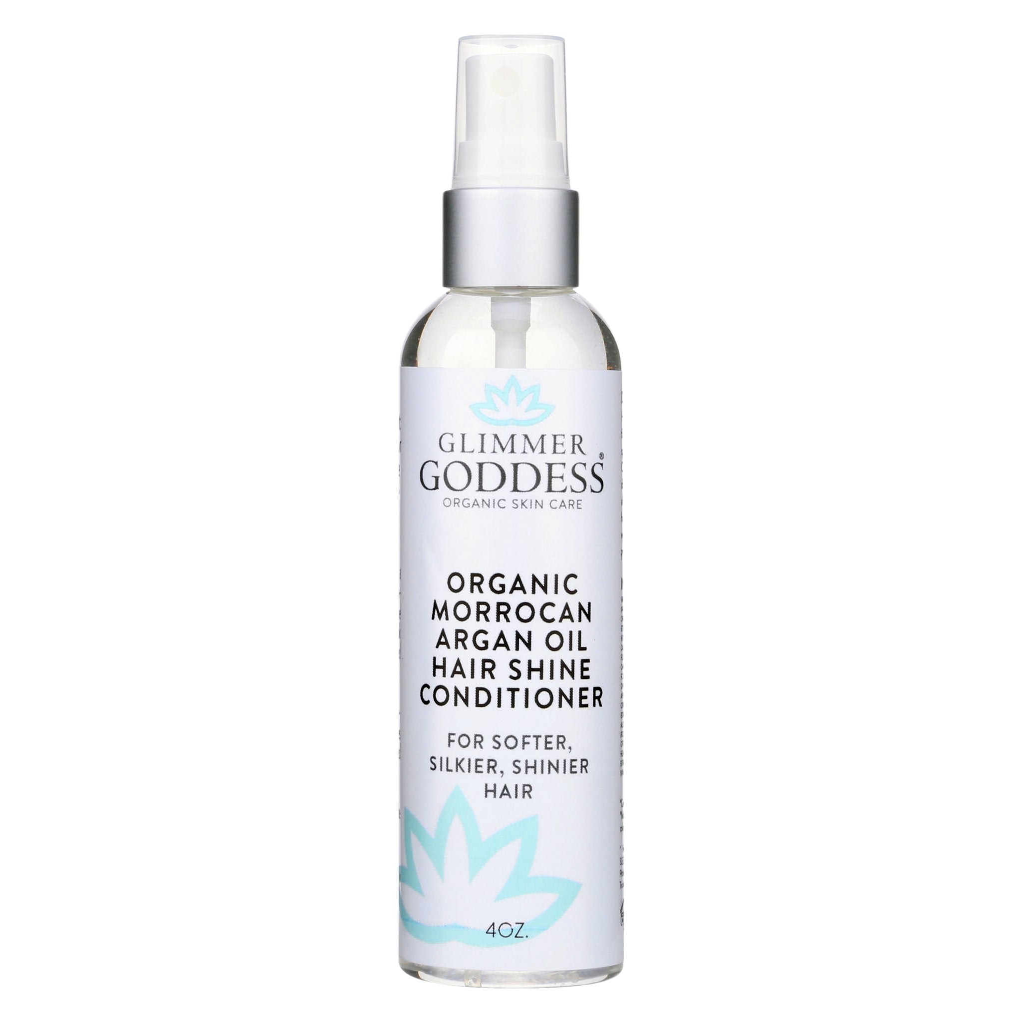 Organic hair shine spray bottle with Moroccan argan oil for frizz control and hydration