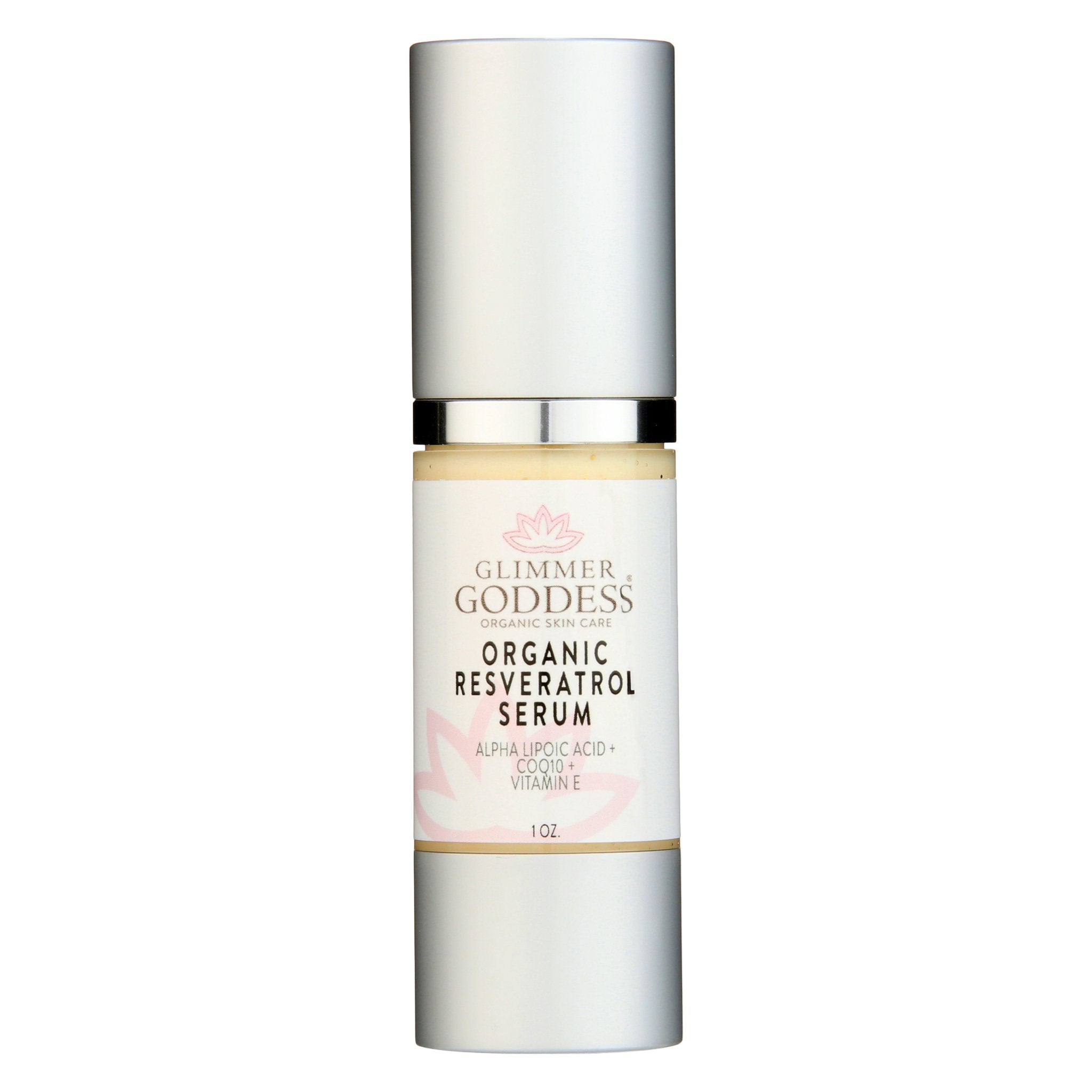 Organic resveratrol face serum in a modern airless pump bottle for instant firming and anti-aging skincare