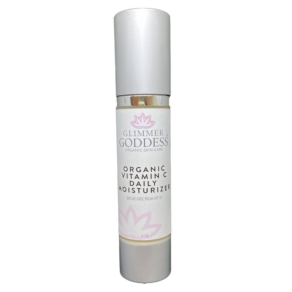 Jar of organic vitamin C daily moisturizer SPF 30 with sea buckthorn and pomegranate oils