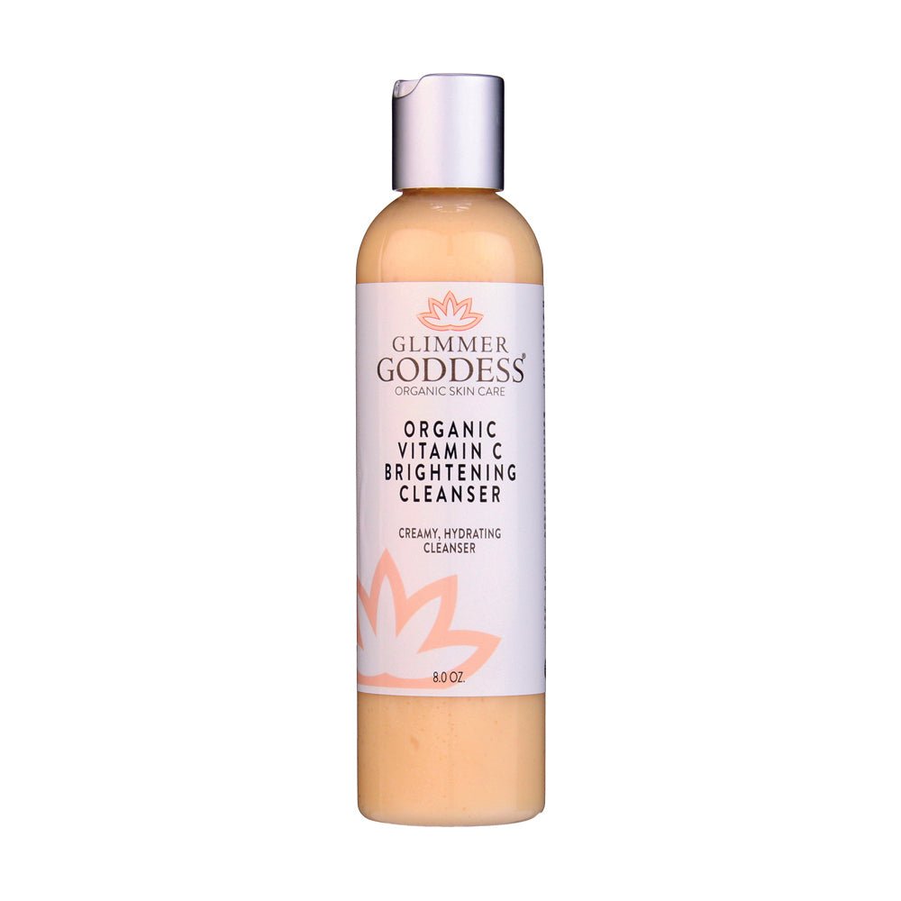 Organic vitamin C brightening cleanser face wash bottle with creamy white formula and botanical ingredients