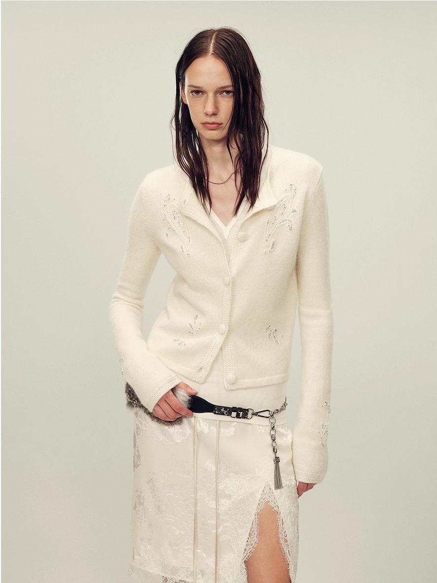 Heavy alpaca wool blend women's cardigan featuring hand-crocheted paisley embroidery and cloth-covered buttons. — view 2