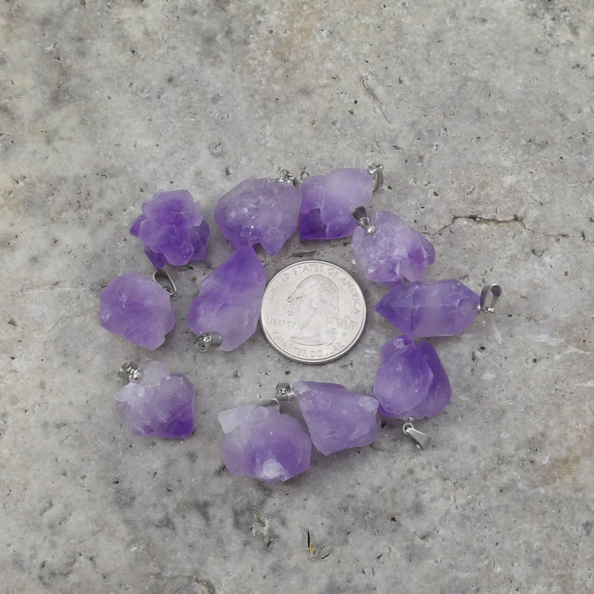 Raw purple amethyst rough cluster point pendant, a natural gemstone jewelry piece for healing — view 2