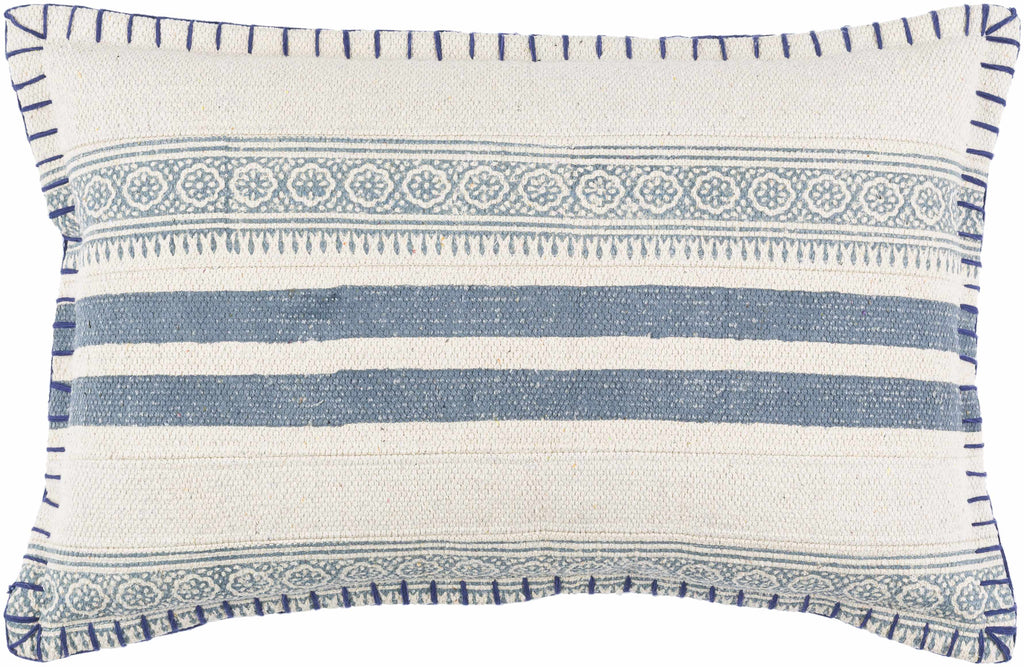 Square woven cotton throw pillow cover featuring a cream navy and pale blue bohemian design — view 3