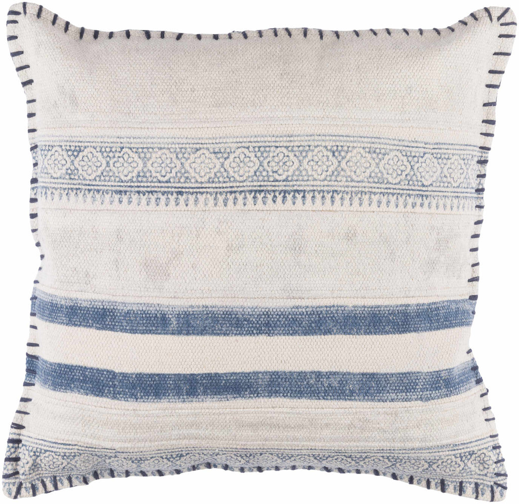 Square woven cotton throw pillow cover featuring a cream navy and pale blue bohemian design