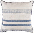 Square woven cotton throw pillow cover featuring a cream navy and pale blue bohemian design