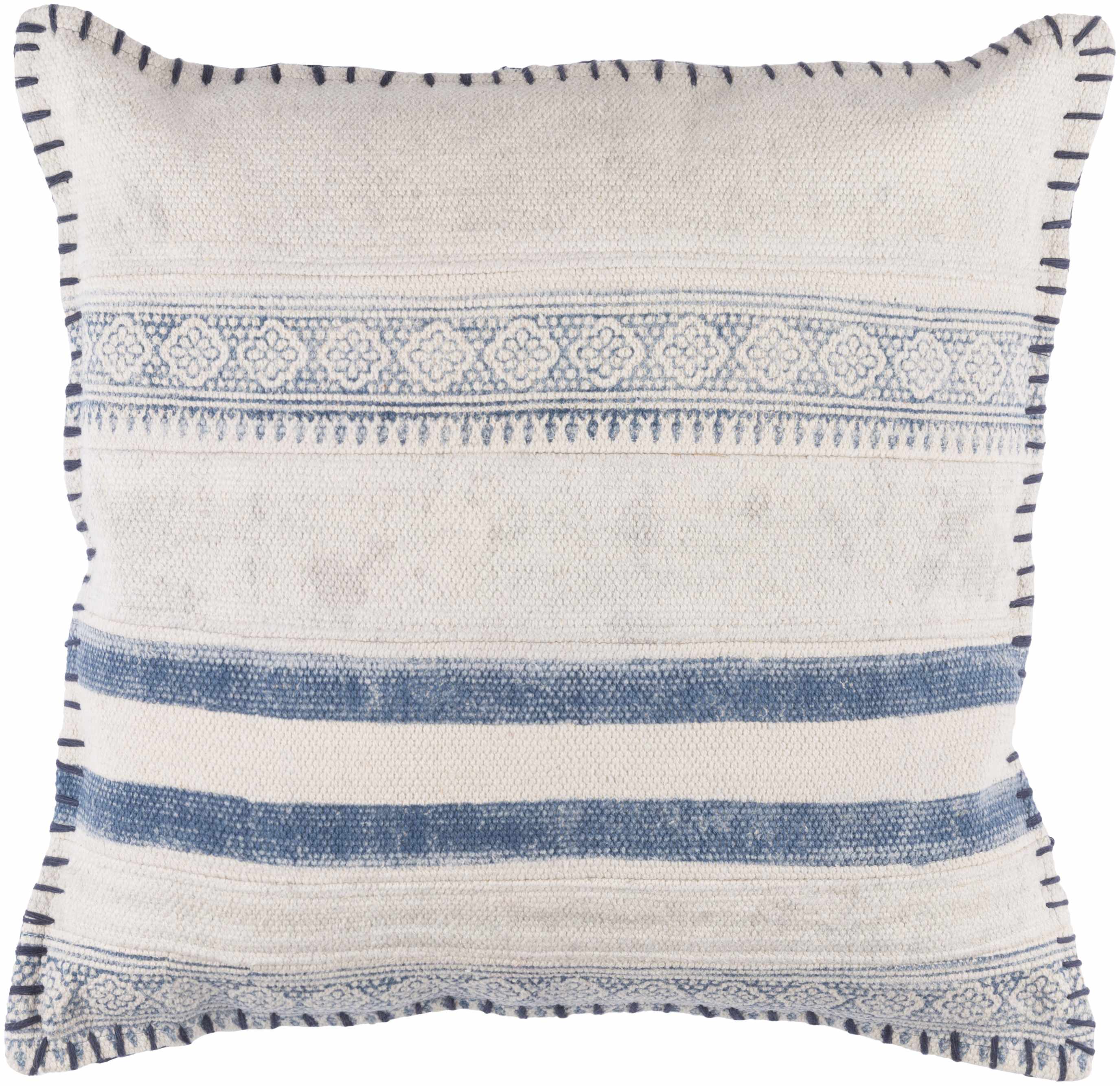 Square woven cotton throw pillow cover featuring a cream navy and pale blue bohemian design