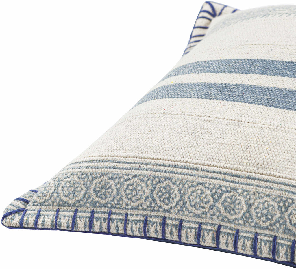 Square woven cotton throw pillow cover featuring a cream navy and pale blue bohemian design — view 5